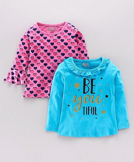 Eteenz Full Sleeves Tee Text Print Pack of 2 - Blue Pink
