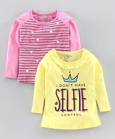 Eteenz Full Sleeves Tee Text Print Pack of 2 - Yellow Pink