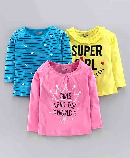 Eteenz Full Sleeves Tee Text Print Pack of 3 - Blue Pink Yellow