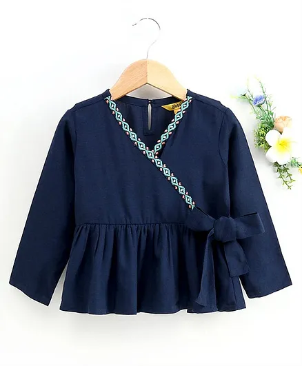 Global Desi Girl Full Sleeves Embroidered Panel Bow Knot Top - Navy Blue