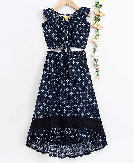 Global Desi Girl Cap Sleeves Printed Top With High Low Dress - Navy Blue