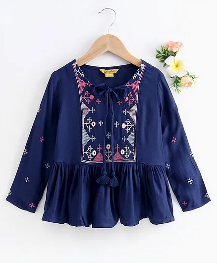 Global Desi Girl Full Sleeves Embroidered Yoke Pleated Flare Dress - Blue