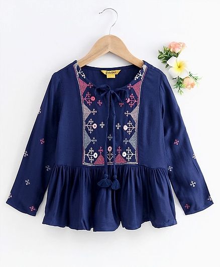 Global Desi Girl Full Sleeves Embroidered Yoke Pleated Flare Dress - Blue