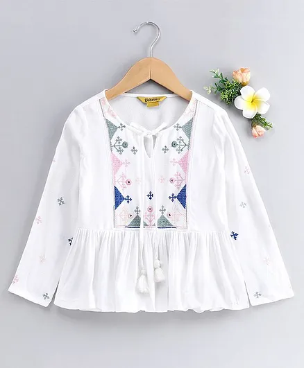 Global Desi Girl Full Sleeves Embroidered Yoke Pleated Hem Front Knot Top - White