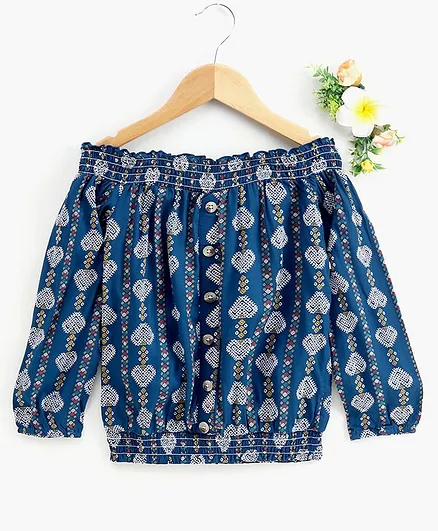 Global Desi Girl Full Sleeves Motif Print Off Shoulder Top - Blue