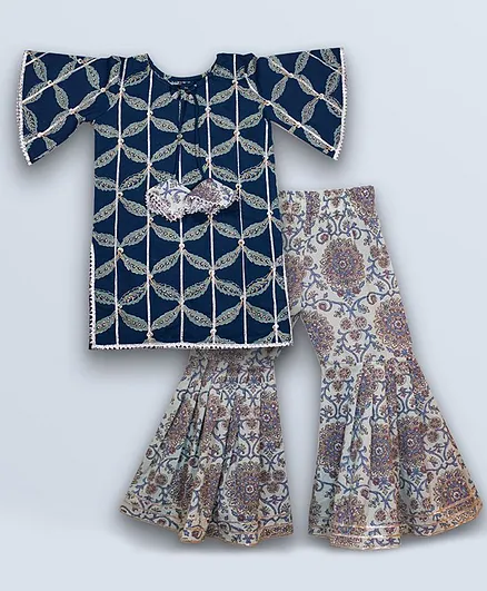Kinder Kids Printed Half Sleeves Kurti & Sharara Set - Blue