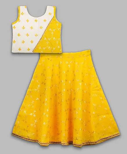Kinder Kids Sleeveless Choli With Foil Printed Kota Lehenga - Lemon Yellow