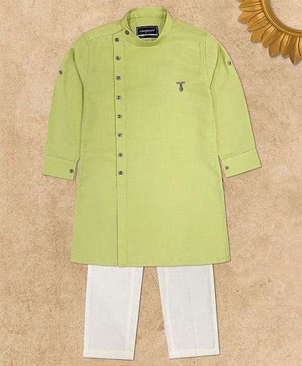 Charchit Full Sleeves Side Button Solid Color Kurta With Pyjama Set - Green