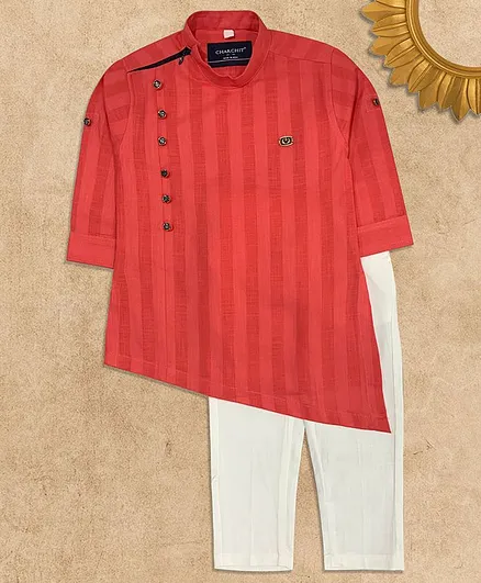 Charchit Full Sleeves Striped Kurta With Pyjama Set - Pink