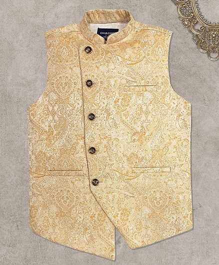 Charchit Sleeveless Self Design Ethnic Jacket - Beige