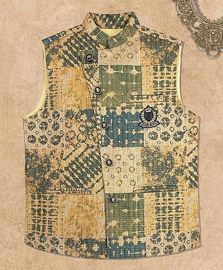 Charchit Sleeveless Abstract Design Ethnic Jacket - Green