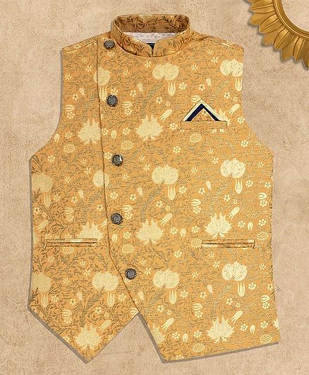 Charchit Sleeveless Self Floral Design Ethnic Jacket - Gold
