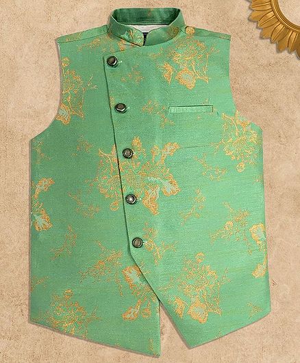 Charchit Sleeveless Floral Design Ethnic Jacket - Green