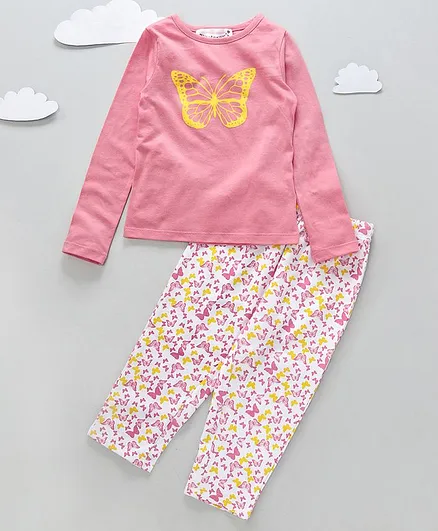 Funkrafts Full Sleeves Butterfly Printed Night Suit - Pink