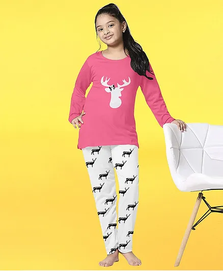 Funkrafts Full Sleeves Reindeer Printed Night Suit - Light Pink
