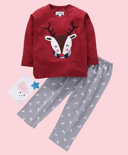 Nite Flite Full Sleeves Reindeer Print Night Suit - Maroon