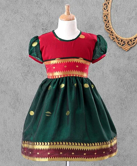 Bhartiya Paridhan Short Sleeves Ethnic Dresses - Red Green