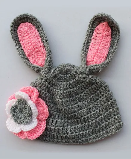 Woonie Flower Design Hand Knitted Cap - Grey