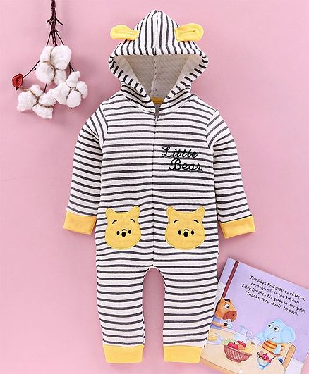 Mom's Love Full Sleeves Winter Wear Romper With 3D Ears Hood - Yellow Black