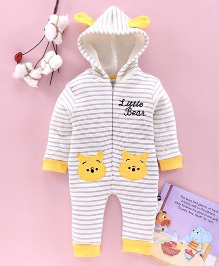 Mom's Love Full Sleeves Winter Wear Hooded Romper with 3D Ears Bear Patch - Grey