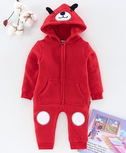 Mom's Love Full Sleeves Winter Wear Romper With 3D Ears Hood - Red