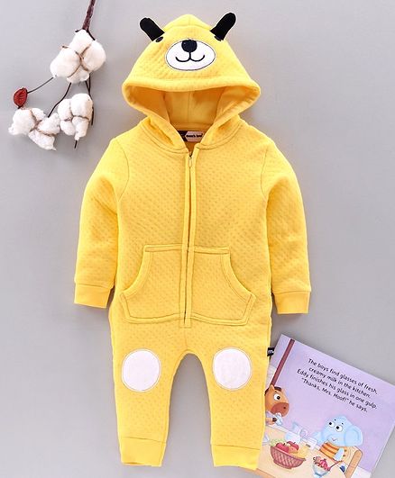 Mom's Love Full Sleeves Winter Wear Hooded Romper - Yellow