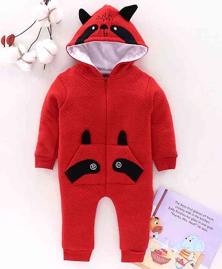 Mom's Love Full Sleeves Winter Wear Hooded Romper - Red