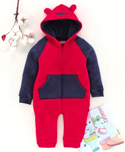 Mom's Love Full Sleeves Winter Wear Onesie With 3D Ears Hood - Red