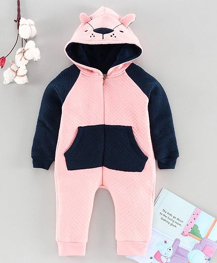 Mom's Love Full Sleeves Winter Wear Romper With 3D Ears Hood - Peach