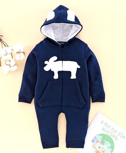 Mom's Love Full Sleeves Winter Wear Onesie With 3D Ears Hood - Navy Blue