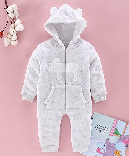 Mom's Love Full Sleeves Winter Wear Romper With 3D Ears Hood - Grey