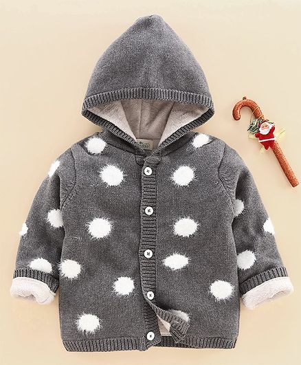 Wildlinggs Full Sleeves Front Open Hooded Neck Sweater Polka Dots Design - Grey