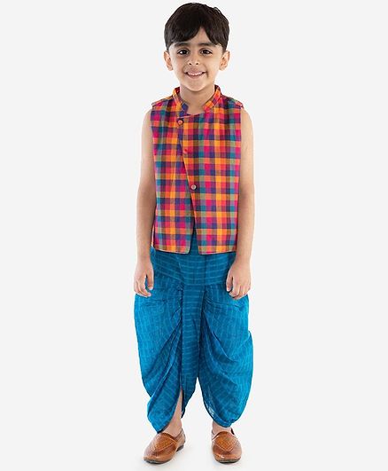 Lil Peacock Sleeveless Checkered Kurta & Dhoti Set - Blue