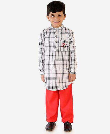 Lil Peacock Full Sleeves Checkered Kurta & Pajama Set - White & Orange