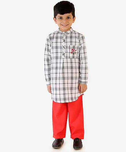 Lil Peacock Full Sleeves Checkered Kurta & Pajama Set - White & Orange