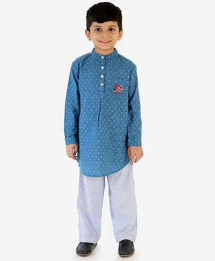Lil Peacock Full Sleeves Pocket Embroidery Detailing Kurta & Striped Pajama Set - Blue