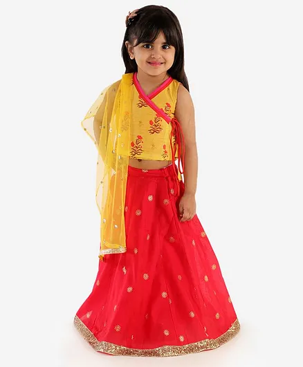 Lil Peacock Sleeveless Floral Print Angarkha Choli With Flared Lehenga & Dupatta - Yellow & Red