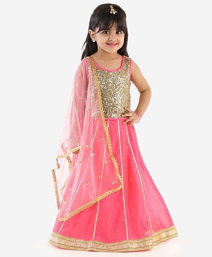 Lil Peacock Sleeveless Sequin Embellished Choli With Lehenga & Dupatta - Light Pink
