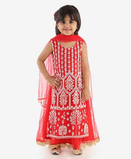 Lil Peacock Sleeveless Embroidery Detailing Gown With Dupatta - Red