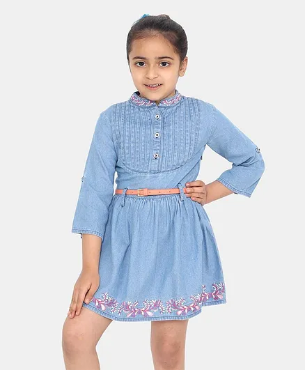Naughty Ninos Full Sleeves Embroidery Work Denim Flai Dress - Blue