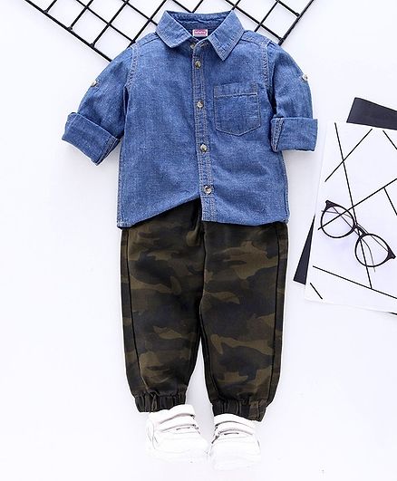 Babyhug Full Sleeves Denim Shirt & Jogger Pants - Blue Green