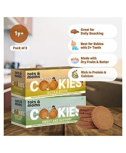 Tots & Moms Millet & Jaggery Cookies Nuts & Seeds Sweet & Savory - 150 g Each