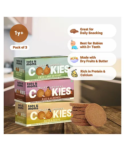 Tots & Moms Millet & Jaggery Cookies Ragi & Almonds Nuts & Seeds Sweet & Savory - 150 g Each