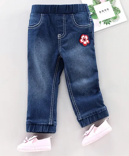 Babyhug Full Length Pull Up Jeans Flower Embroidery - Light Blue