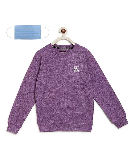 Li'L tomatoes Full Sleeves Solid Color Sweatshirt With Free 3-Ply Face Mask - Purple