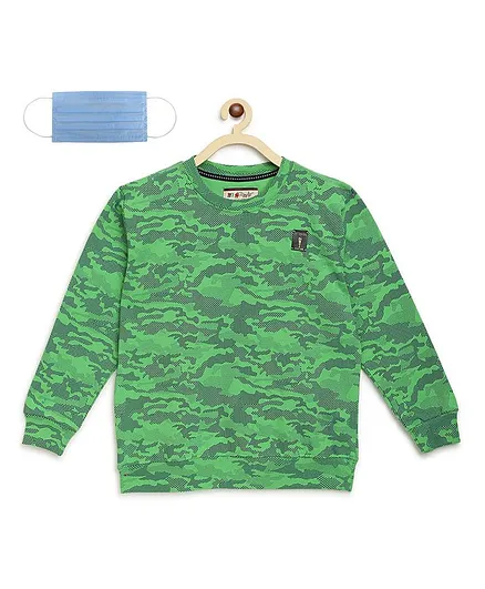 Li'L tomatoes Full Sleeves Camouflage Print Sweatshirt With Free 3-Ply Face Mask - Green
