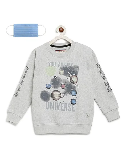 Li'L tomatoes Full Sleeves You Are My Universe Print Sweatshirt With Free 3-Ply Face Mask - Grey