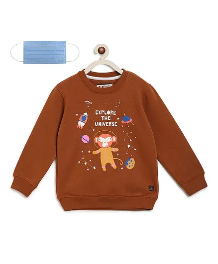 Li'L tomatoes Full Sleeves Monkey Print Sweatshirt With 3 Ply Mask - Brown