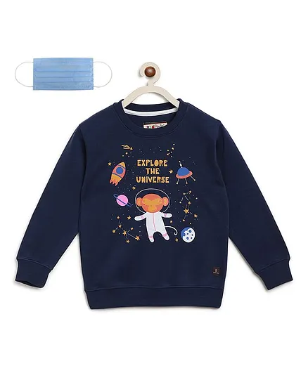 Li'L tomatoes Full Sleeves Monkey Print Sweatshirt With 3 Ply Mask - Navy Blue