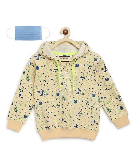 Li'L tomatoes Full Sleeves Space Printed Hoodie With 3 Ply Face Mask - Yellow